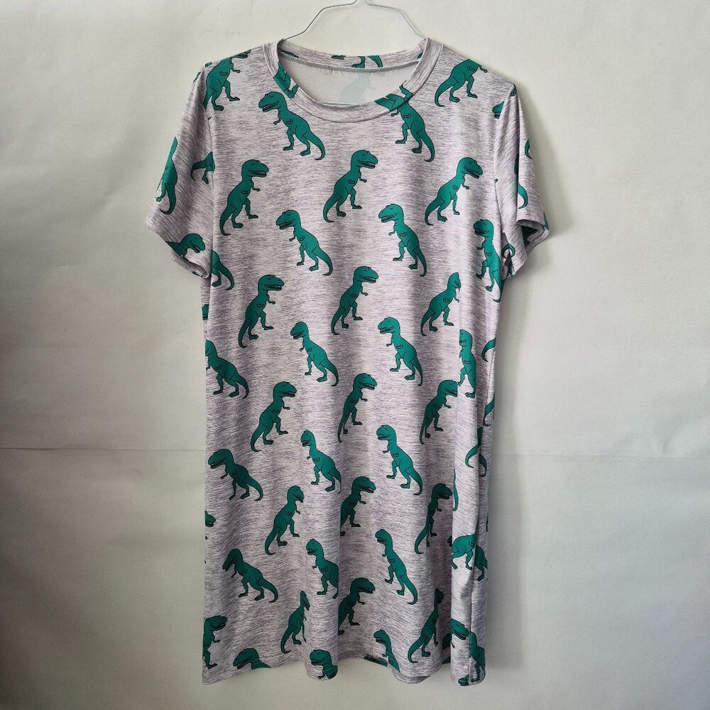 Women XL Short Sleeve Dinosaur Print T-Shirt Dress Nightshirt Heather Gray Green